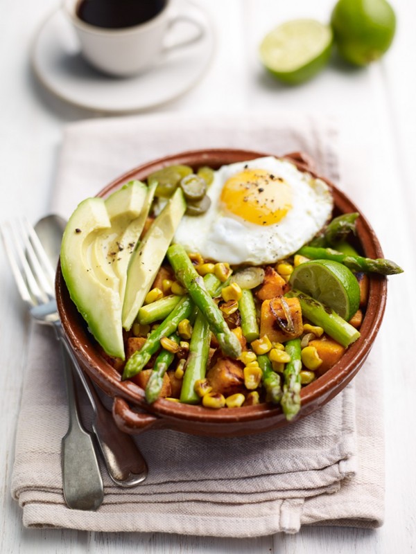 Asparagus and Sweet Potato Hash with Avocado and Egg