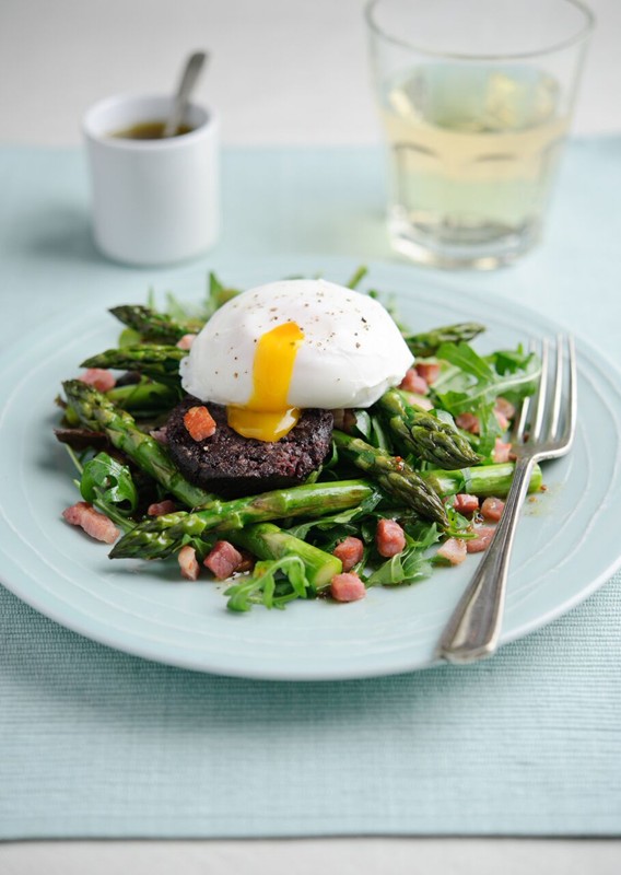 Baked British Asparagus, Pancetta and Black Pudding Salad
