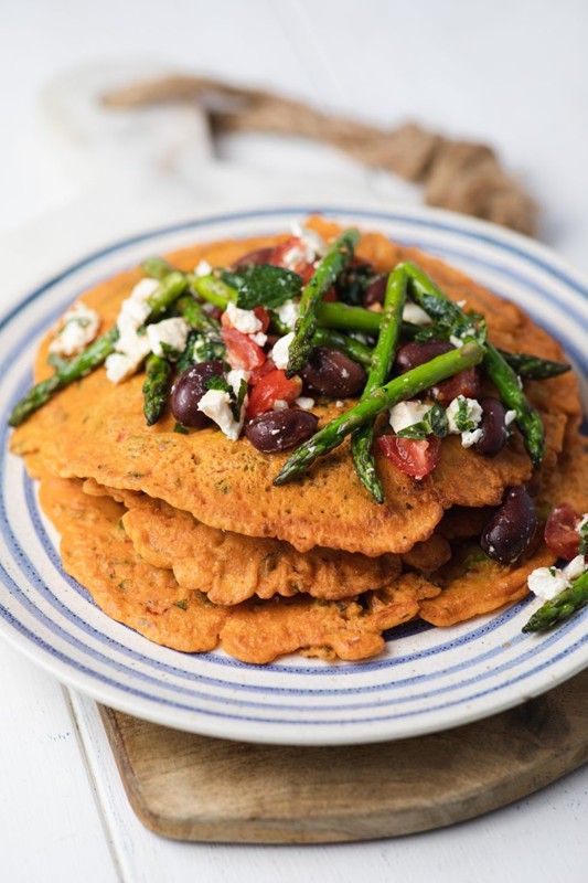 British Asparagus & Harissa Pancakes with Tomatoes & Olives