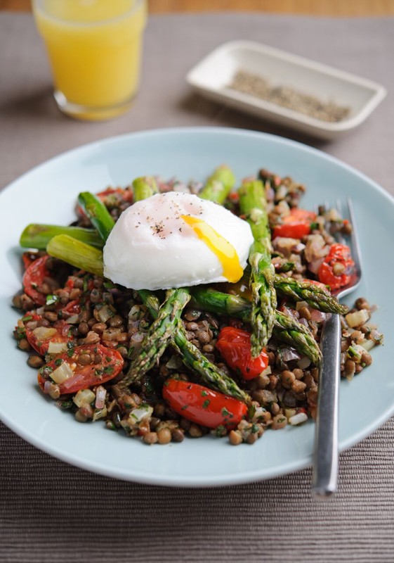 British Asparagus & Lentil Salad with Poached Eggs