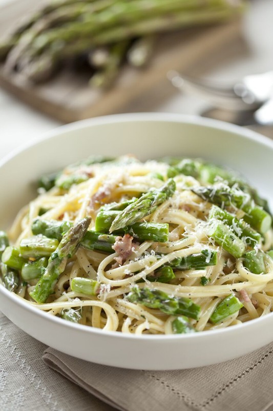 British Asparagus, Pancetta and Parmesan Linguine with Chive Cream