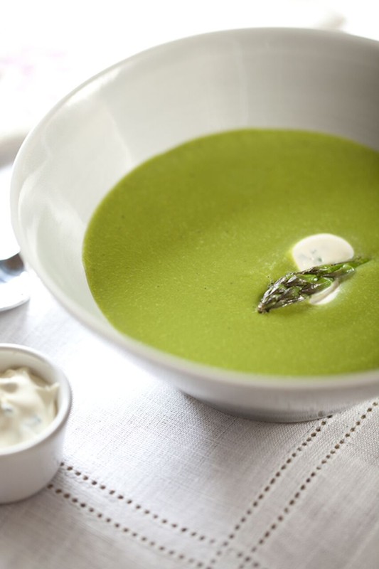 British Asparagus and Spinach Soup Topped with Chive Crème Fraiche
