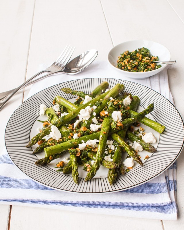 Roasted British asparagus with hazelnut gremolata and feta