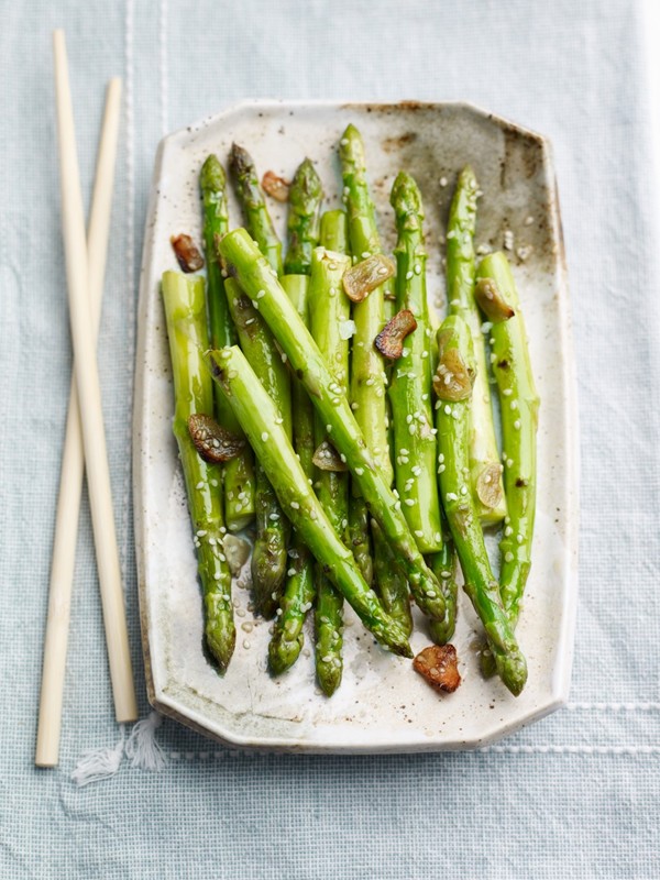 Sesame and garlic roasted British asparagus