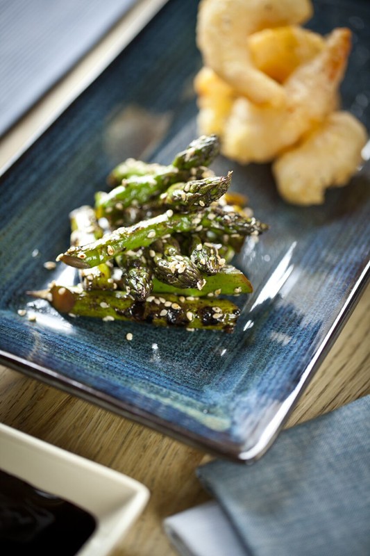 Tempura Tiger Prawns with Soy and Sesame Asparagus